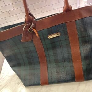 Polo Ralph Lauren Green and Blue Leather Trimmed Tote